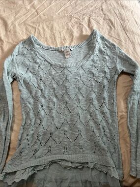 American Rag Light Blue Openwork Knit Scoop Neck Sweater with Lace Hem